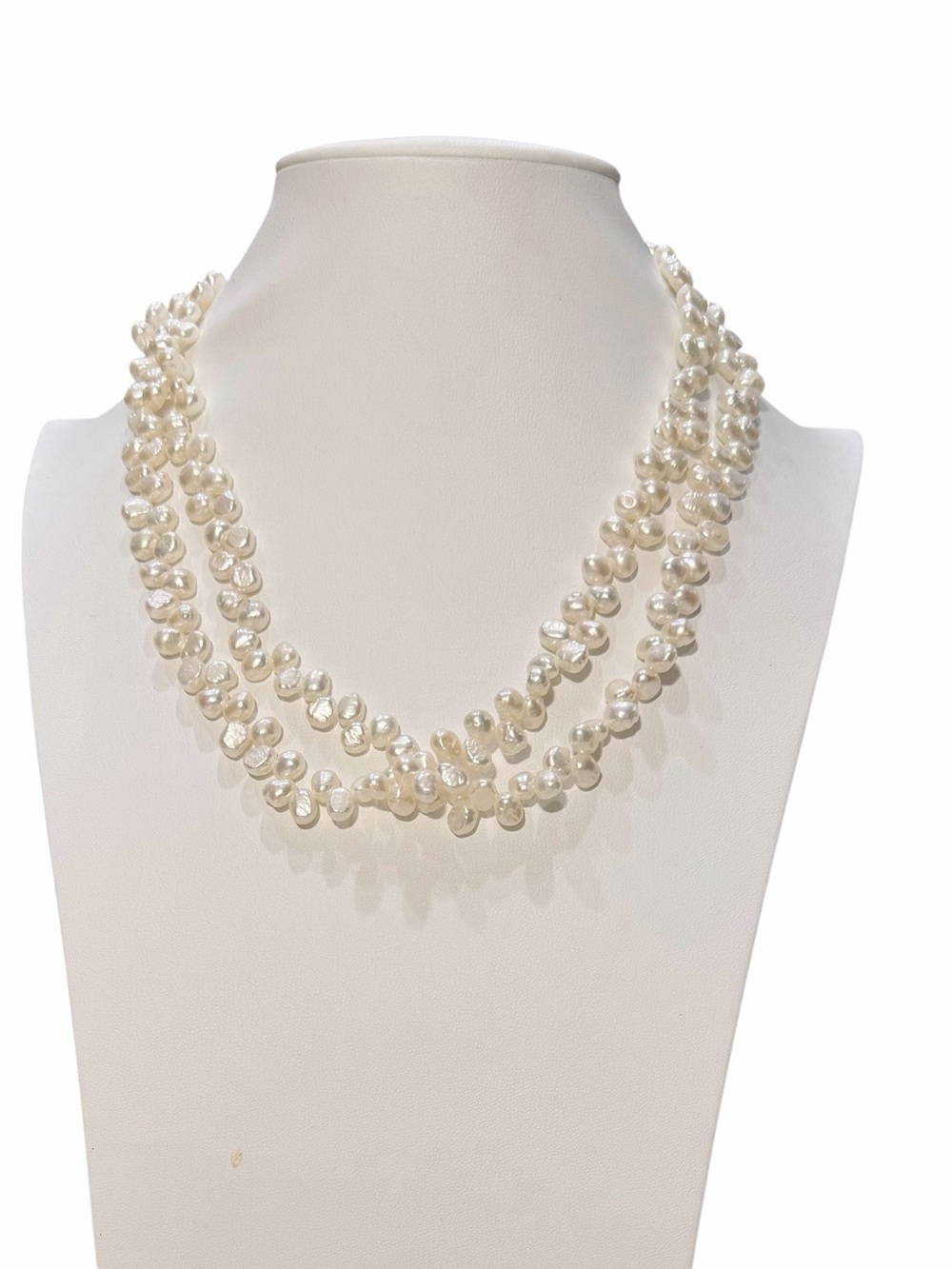 Baroque White Pearl 2-Strand Necklace Good Luster Sterling Clasp Warm White 18”